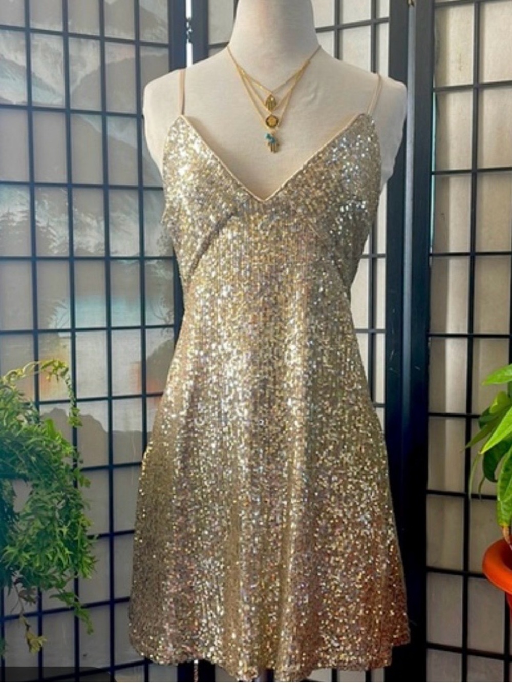 Gold Sequin Spaghetti-Strap Mini Dress